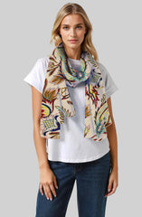 Whispers of Bloom: Cotton Modal Print Scarf in Leafy Beige