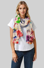 Whispers of Bloom: Cotton Modal Print Scarf in White