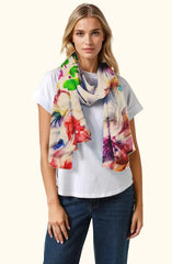 Whispers of Bloom: Cotton Modal Print Scarf in White