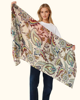 Whispers of Bloom: Cotton Modal Print Scarf in Leafy Beige