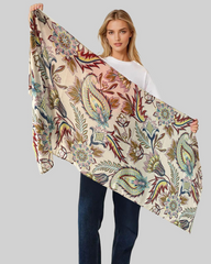 Whispers of Bloom: Cotton Modal Print Scarf in Leafy Beige