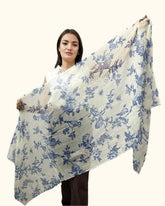 The Pashmina Poem: Wool Scarf in White & Blue