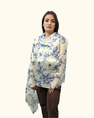 The Pashmina Poem: Wool Scarf in White & Blue