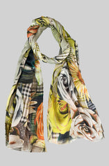 Whispers of Bloom: Cotton Modal Print Scarf in Lime