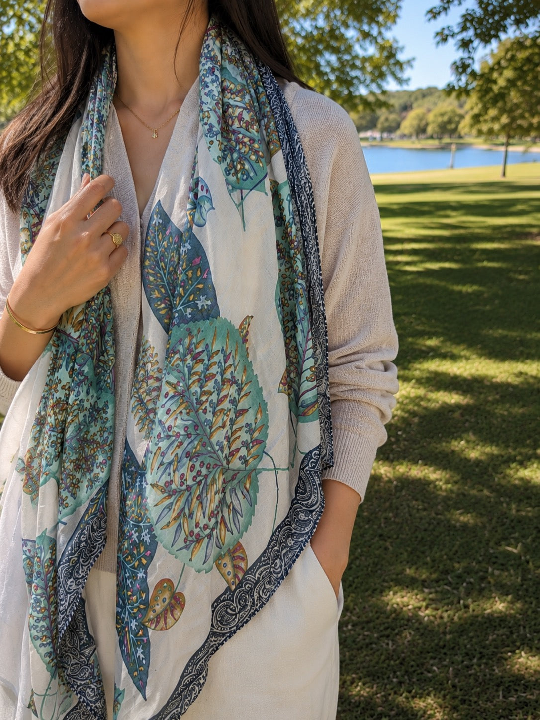 Whispers of Bloom: Cotton Modal Print Scarf in Green