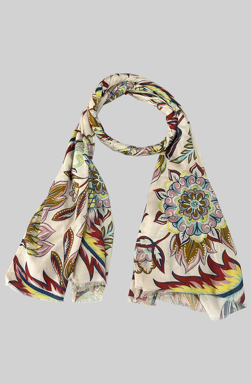 Whispers of Bloom: Cotton Modal Print Scarf in Leafy Beige